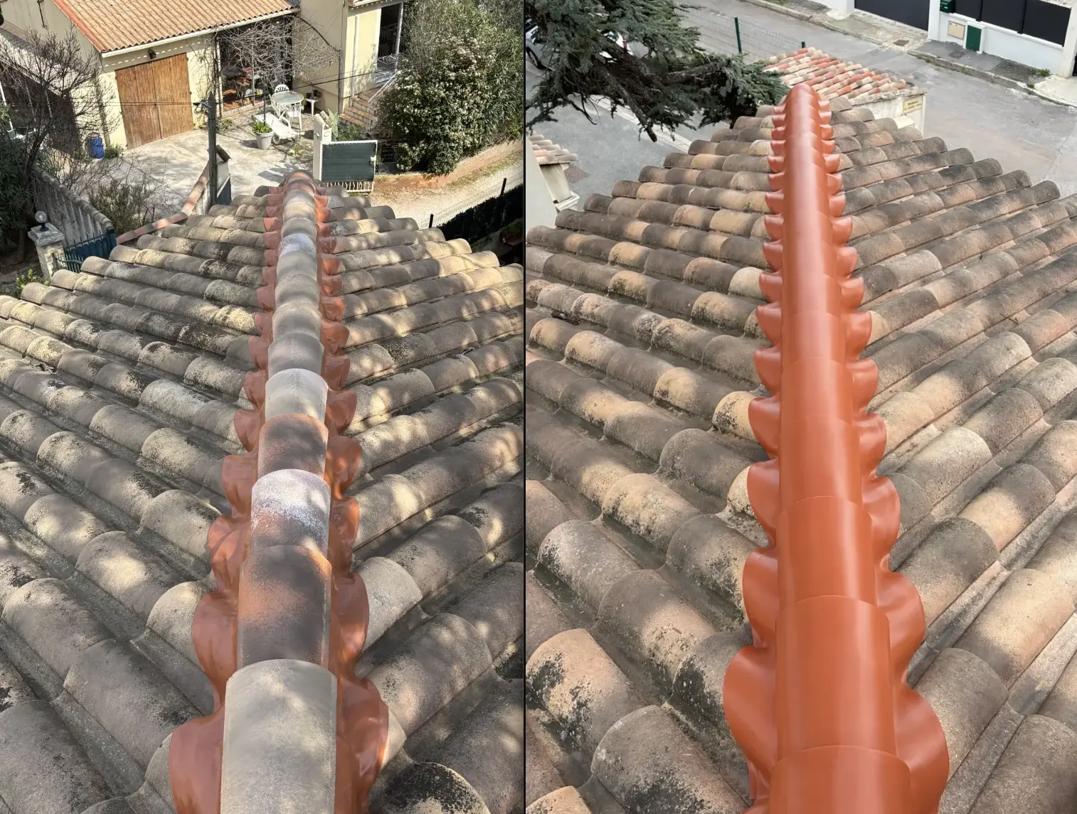 Avant après rénovation faîtage à Carnoules